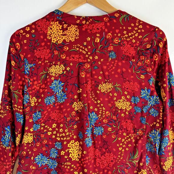 Maeve by Anthropologie Blouse Women's Medium Red Floral Button Front Long Sleeve - Picture 5 of 13